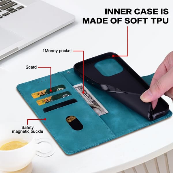 iPhone 16 Pro Skal med Blommönster och Magnetisk Spänne PU med Handledsrem Grön
