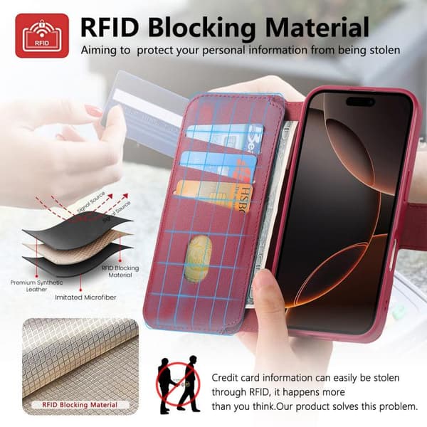 iPhone 18 Pro / iPhone 17 Pro Skal Läderfodral med Neo Finger Grip Rem MagSafe Röd