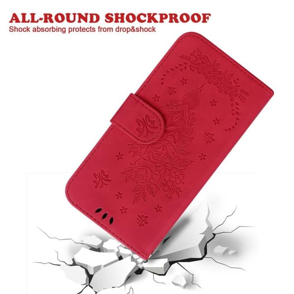 iPhone 18 Pro / iPhone 17 Pro Skal Läderfodral med Embossed Butterfly Rose Röd