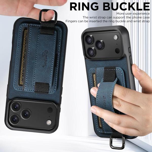 iPhone 17 Skal - Litchi-läder med handledsrem Blå