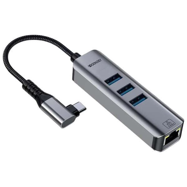 USB-C / Typ-C Elbow till RJ45 och 3 x USB-A Aluminiumlegering Hub Adapter Expander (Grå)