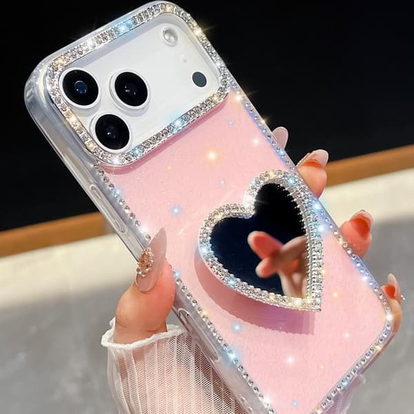 iPhone 18 Pro Max / iPhone 17 Pro Max Skal med Diamant Glittrande Spegel och Hjärthållare Ljusrosa