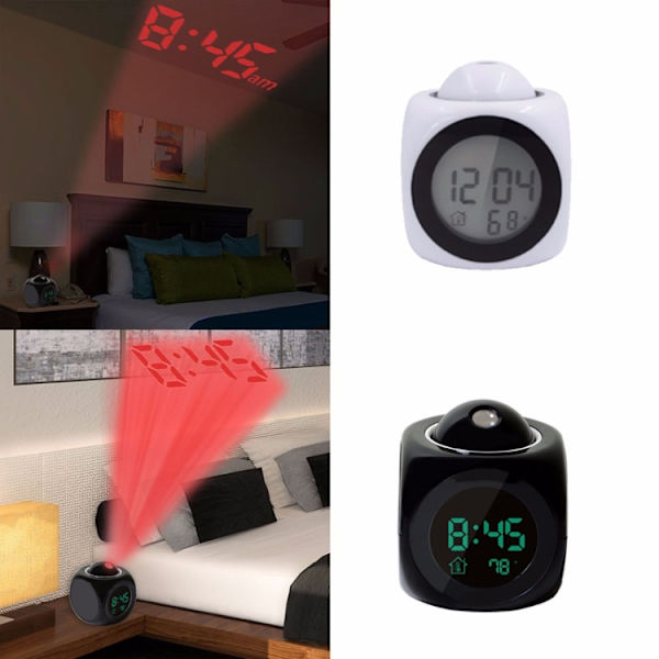 Multifunktionell LED-projektionsväckarklocka med rösttalande klocka, Specifikation: Vit utan USB-kabel