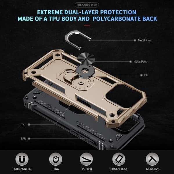 iPhone 16 Pro Max Shockproof TPU Hybrid PC Skal med Hållare Guld