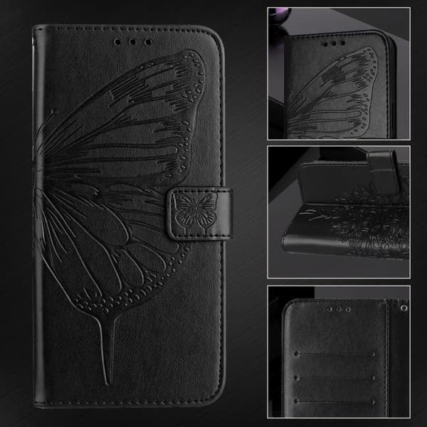 iPhone 18 Pro Max / iPhone 17 Pro Max Skal Läderfodral med Pr präglad Fjäril Svart