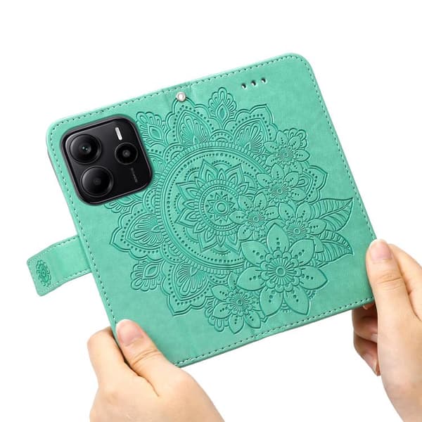 Redmi Note 14 4G - Läderfodral med Sju Blommor i Prägling Grön