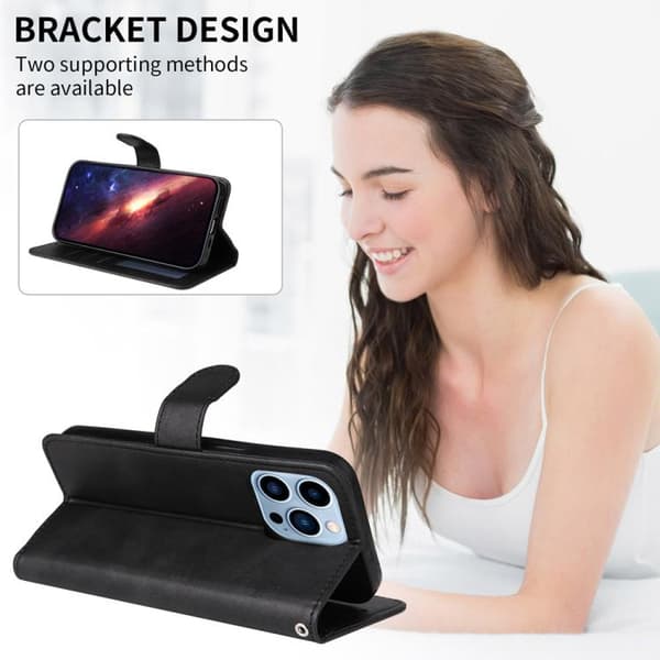 iPhone 18 Pro / iPhone 17 Pro Skal Läderfodral - Klassisk Kalvskinnstextur Svart