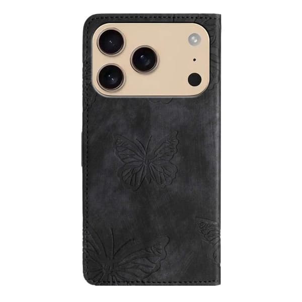 iPhone 18 Pro Max / iPhone 17 Pro Max Skal läderfodral med präglad fjärilsmönster Svart
