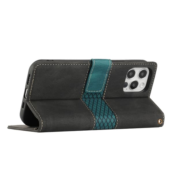 iPhone 16 Pro Max Skal Läder med Lanyard - Grid Stitching Design Svart