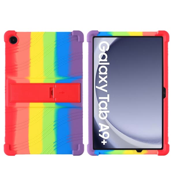 Samsung Galaxy Tab A9+ / A11+ Skyddande silikonfodral med hållare Regnbågsfärg