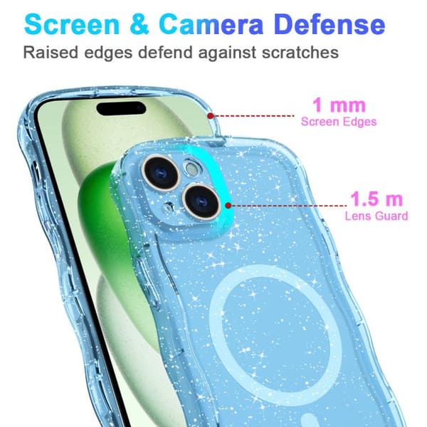 iPhone 16 Pro Wave Glitter MagSafe Magnetisk TPU Skal Transparent blå
