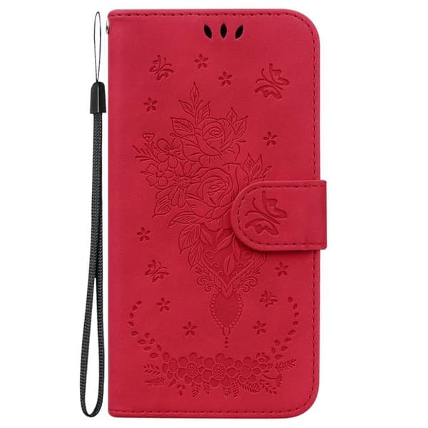 iPhone 18 Pro Max / iPhone 17 Pro Max Skal Läderfodral med Prägling av Fjäril och Ros Röd