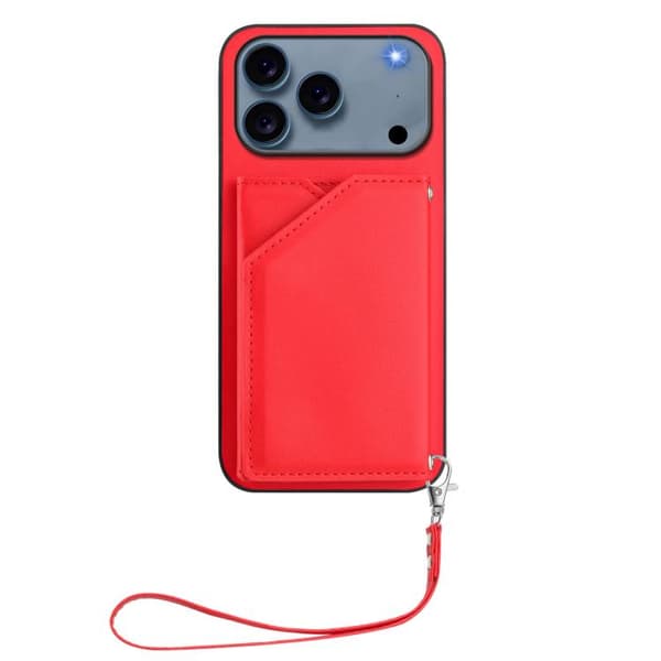 iPhone 17 Pro Max Skal med Fyra Kortfack och Handledsrem Röd