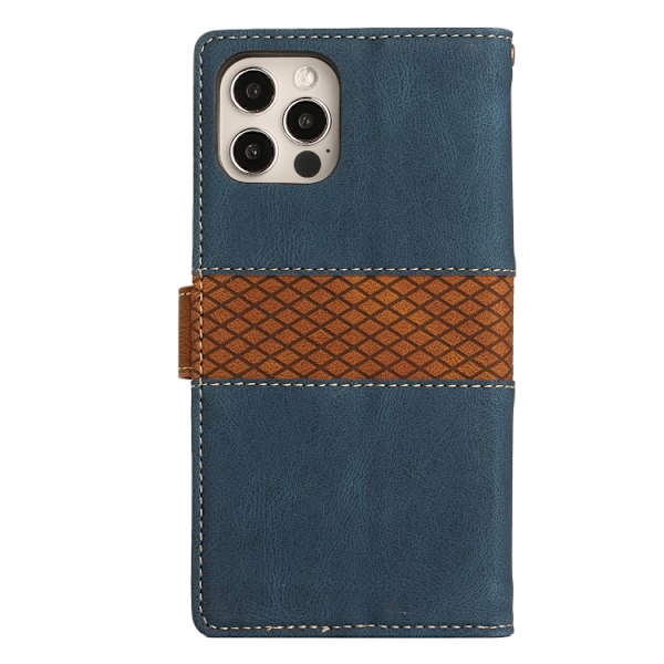 iPhone 16 Pro Max Skal Läder med Lanyard - Grid Stitching Design Blå