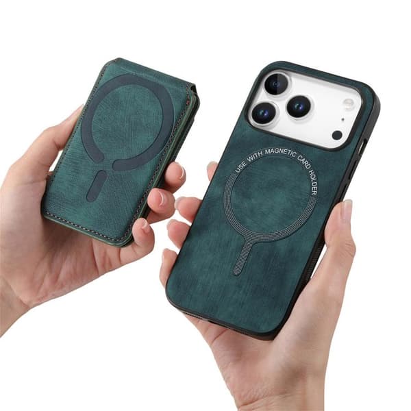 iPhone 17 Pro Max Skal läderfodral med retro delbart magnetiskt stativ och kortfack Grön