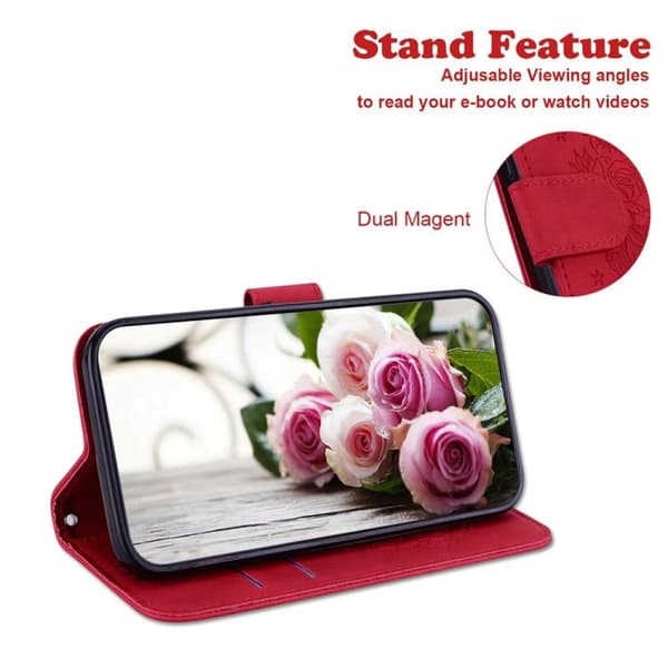 iPhone 18 Pro / iPhone 17 Pro Skal Läderfodral med Embossed Butterfly Rose Röd