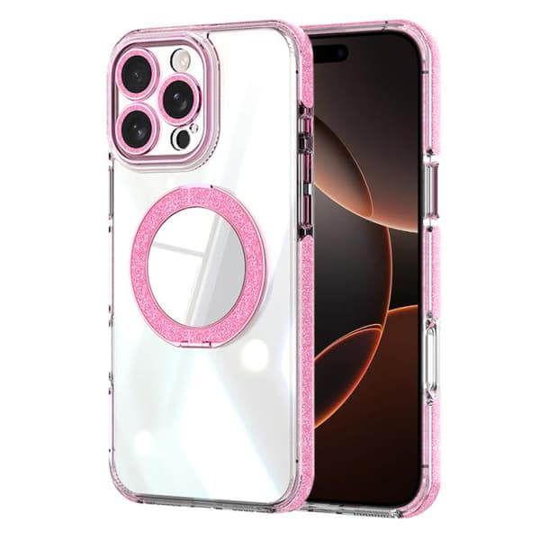 iPhone 16 Pro Max Transparent Glitter Spegel Rotating Holder Skal Rosa