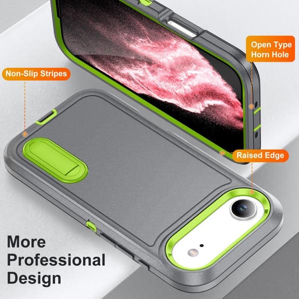 iPhone 17 Air Skal - robust PC + silikonfodral med hållare Grå + Friskgrön