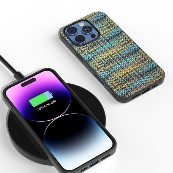 iPhone 16 Pro Skal med Svart Ram och Lattice Textur PU-material Guld