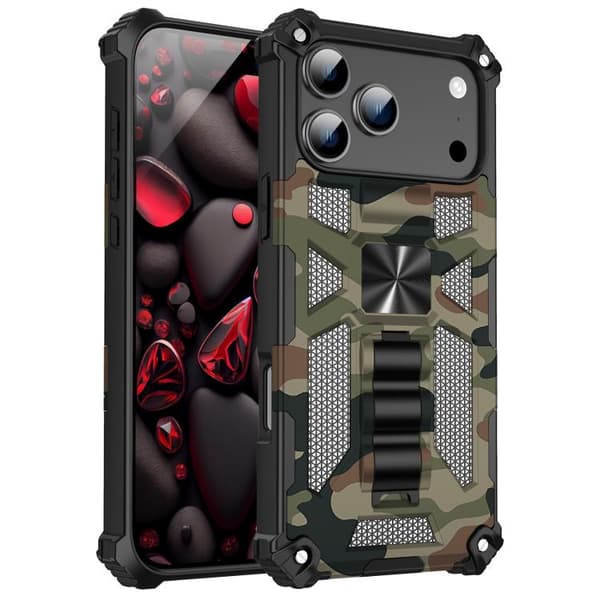 iPhone 18 Pro / iPhone 17 Pro Camouflage Armor Kickstand TPU + PC Magnetisk Skal Armégrön