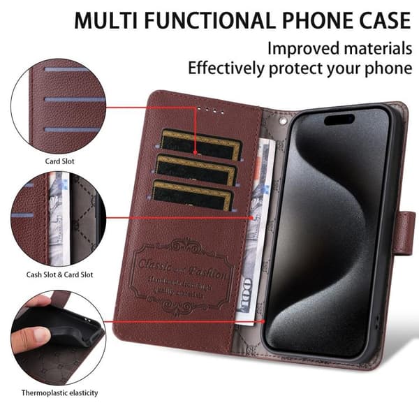 iPhone 18 Pro Max / iPhone 17 Pro Max Skal läderfodral med Litchi-textur och RFID-blockering för 3 kort Brun