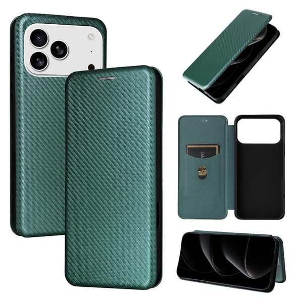 iPhone 18 Pro / iPhone 17 Pro Skal läderfodral med kolfibertextur Grön
