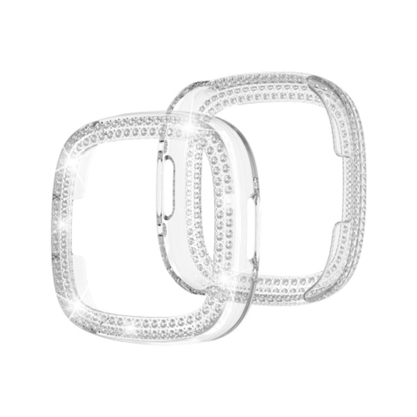 För Fitbit Versa 4 / Sense 2 Double-Row Diamond galvanisering PC Watch Case Transparent