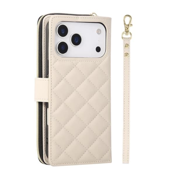 iPhone 17 Pro Max Skal läderfodral med korsband, rombisk dragkedja och spänne Beige