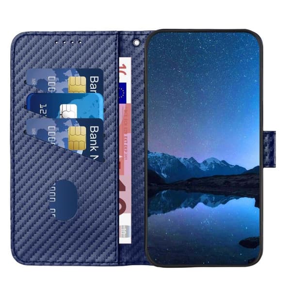 iPhone 18 Pro Max / iPhone 17 Pro Max Skal läderfodral - kolfiber med lanyard Kunglig blå