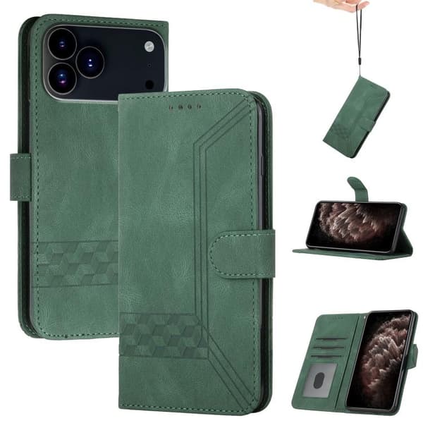 iPhone 18 Pro / iPhone 17 Pro Skal läderfodral med kubisk känsla Grön