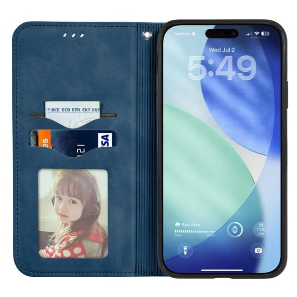iPhone 18 Pro / iPhone 17 Pro Skal läderfodral med retro känsla och magnetisk flip Blå
