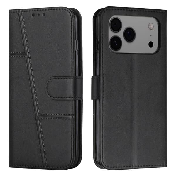 iPhone 18 Pro Max / iPhone 17 Pro Max Skal läderfodral - kalvskinn med spänne Svart