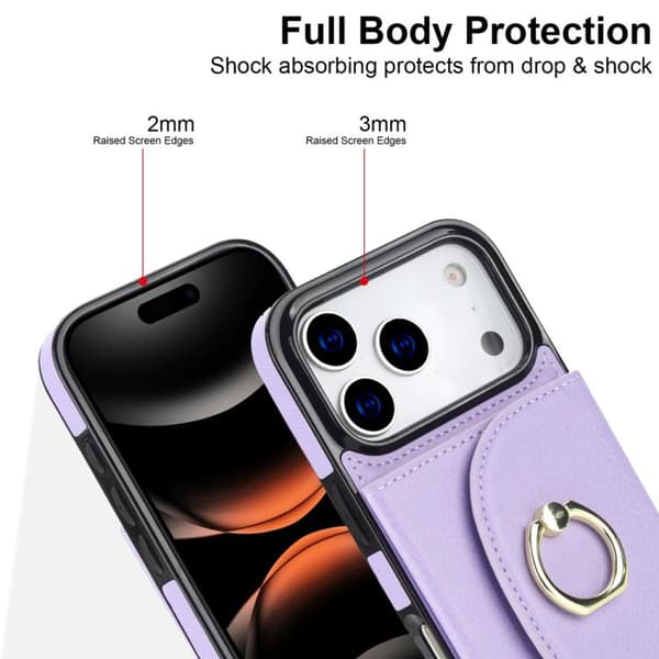 iPhone 18 Pro Max / iPhone 17 Pro Max Skal med Ringhållare och Kortficka, Skinnkänsla Purpur