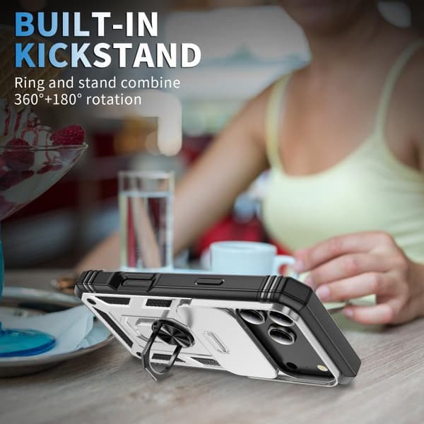 iPhone 18 Pro / iPhone 17 Pro Skal med Sliding Camshield TPU + PC och Hållare Vit + Svart