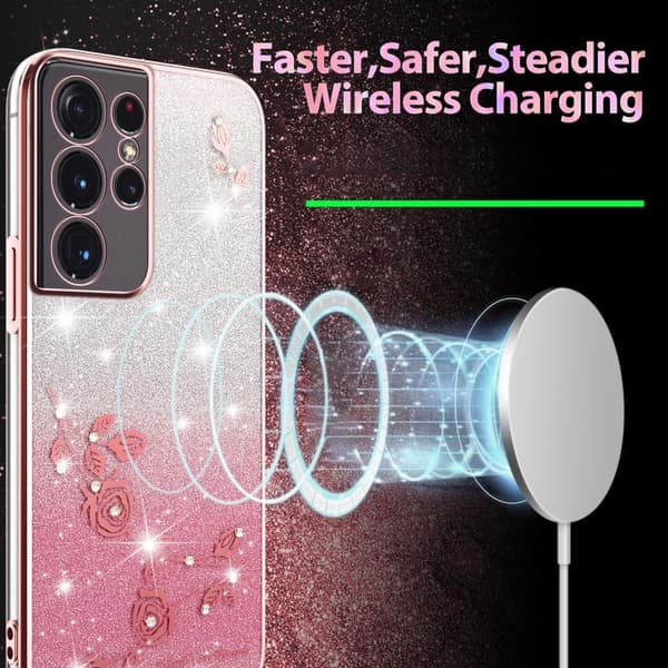 Samsung Galaxy S21 Ultra 5G Skal med Gradient Glittrande Blommor Rosa