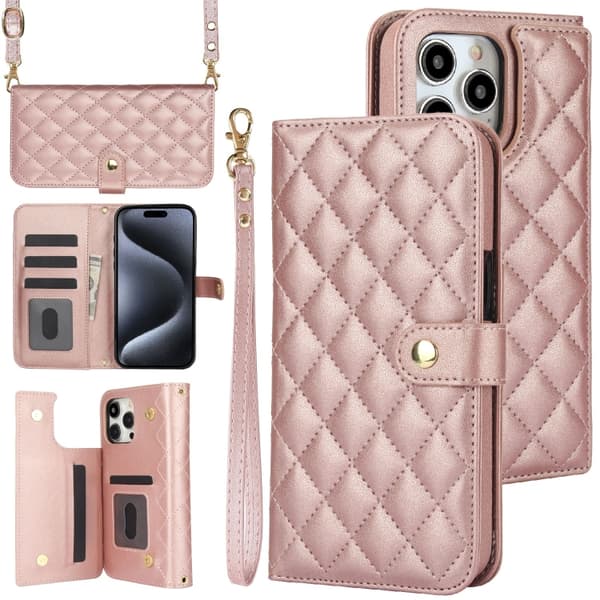 iPhone 16 Pro Skal Rhombisk Multifunktionellt Läderfodral Roséguld