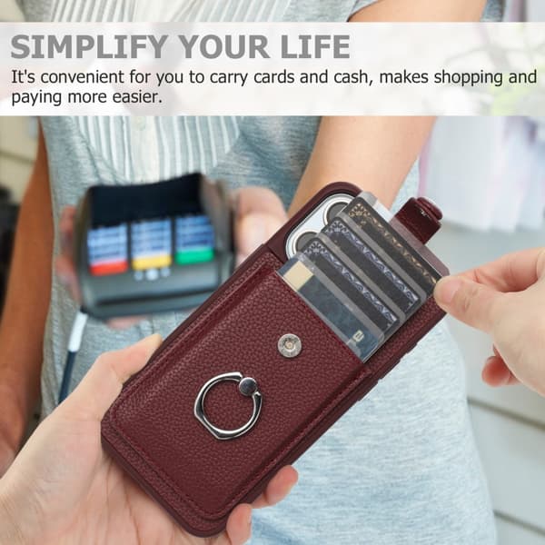 iPhone 16 Pro Litchi Textur Ritkort Väska Ringhållare Skal Vinrött