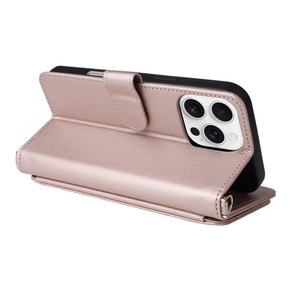 iPhone 16 Pro Max Skal Läder med Multifunktionella 6-Kortsplatser och Handledsrem Rosa