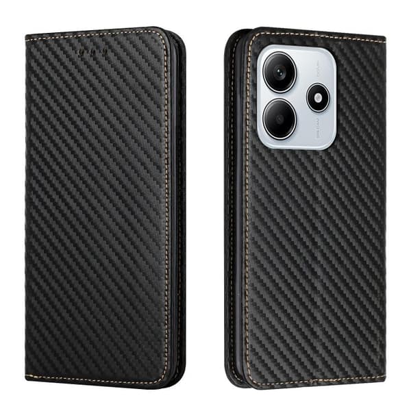Redmi Note 14 5G - Magnetisk Flip Läderfodral med Kolfibertextur Svart