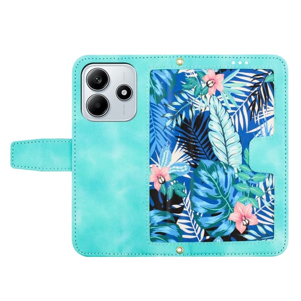 Redmi Note 14 5G - Blommönstrad Läderfodral med Lanyard Grön
