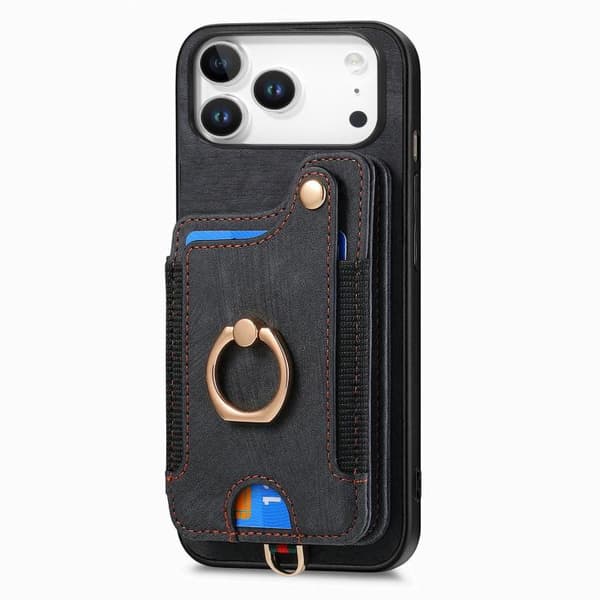 iPhone 18 Pro Max / iPhone 17 Pro Max Retro Skinnkänsla Ring Multi-kort Skal Svart