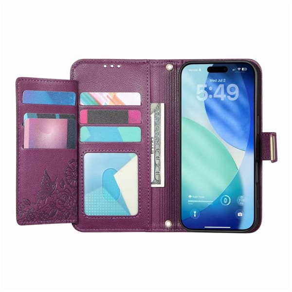 iPhone 18 Pro / iPhone 17 Pro Skal läderfodral med blommor och blad samt rem Purpur