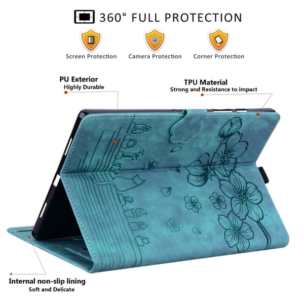 Samsung Galaxy Tab A7 Lite Cartoon Sakura Cat Prägad Läderfodral Grön