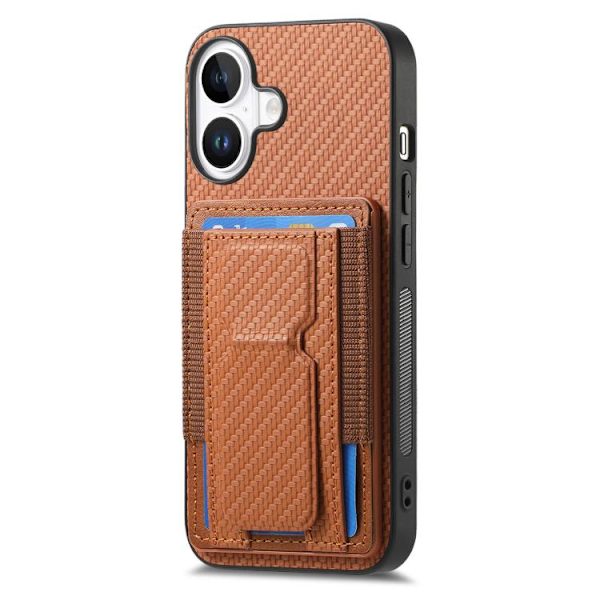 iPhone 17 Skal - Kolfiber med Fällbart Ställ och Elastisk Kortficka Brun