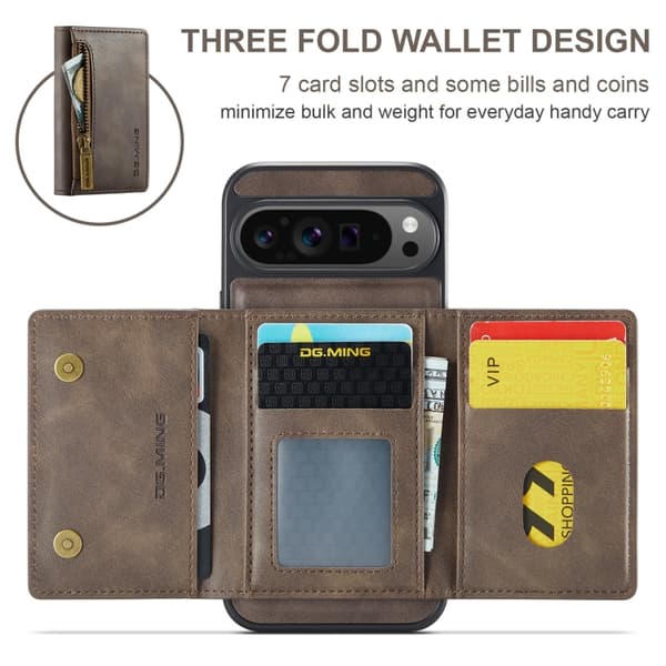 för Pixel 9 Pro XL Fodral DG.MING M5 Series Zip RFID Multi Card Detachable Läder Skal Kaffe