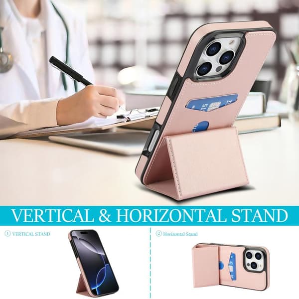 iPhone 16 Pro Max Tri-fold Fodral med Kortfack - Läder Skal Roséguld