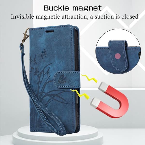 iPhone 18 Pro Max / iPhone 17 Pro Max Skal Läderfodral med Orkidéfjäril Prägling Blå