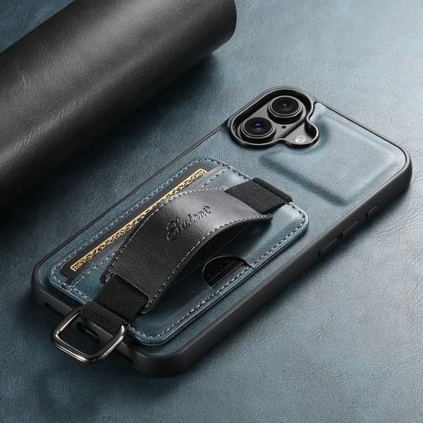 iPhone 17 Skal med Kortplånbok och Handledsrem - PU Blå
