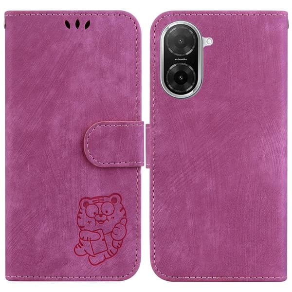 Redmi A5 4G - Litet Tiger Prägling Läderfodral Rosröd