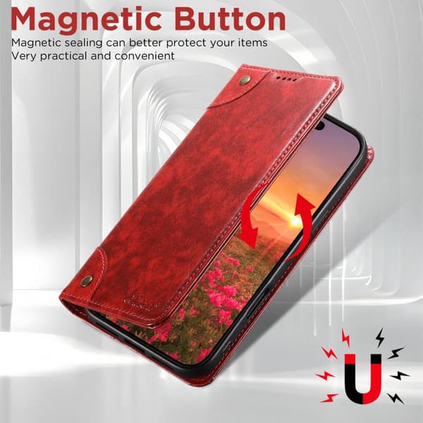 iPhone 17 Skal läderfodral - Baroque Kalvtextur med Spänne Röd